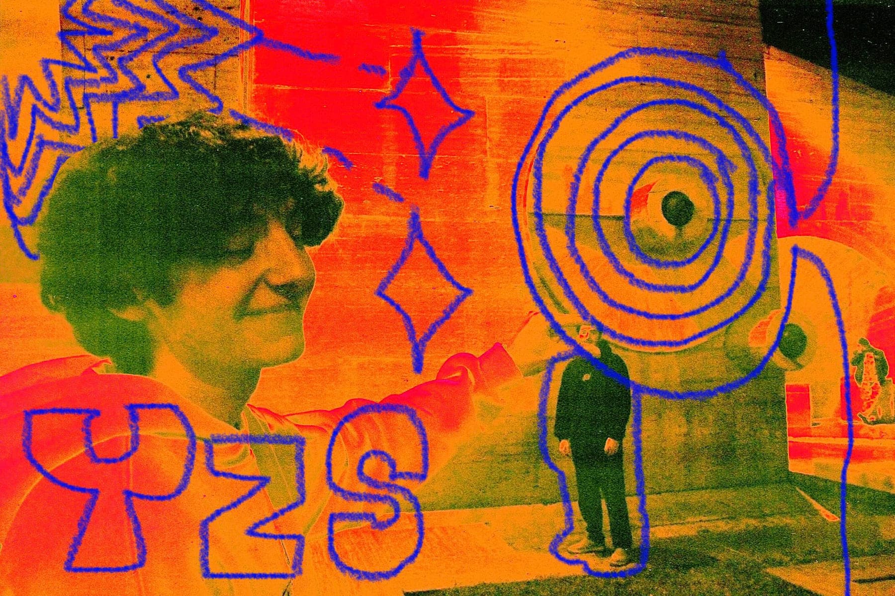 A solarised photo of the founders, marked up in blue